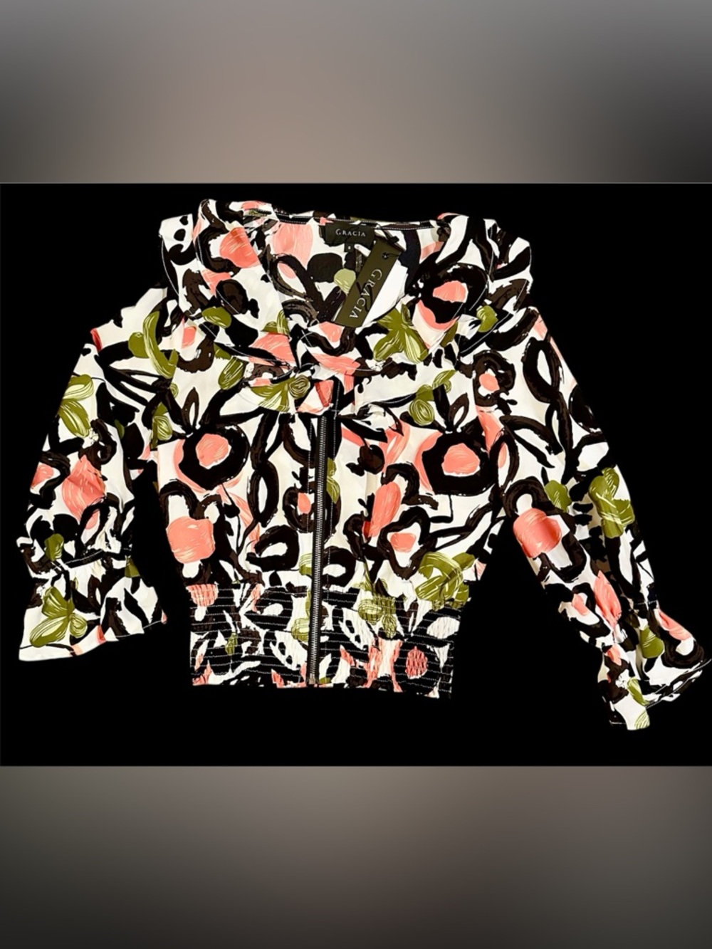 Gracia White Floral Zip-Front Ruffle Blouse with Coral, Black and Green Accents - Picture 2 of 9